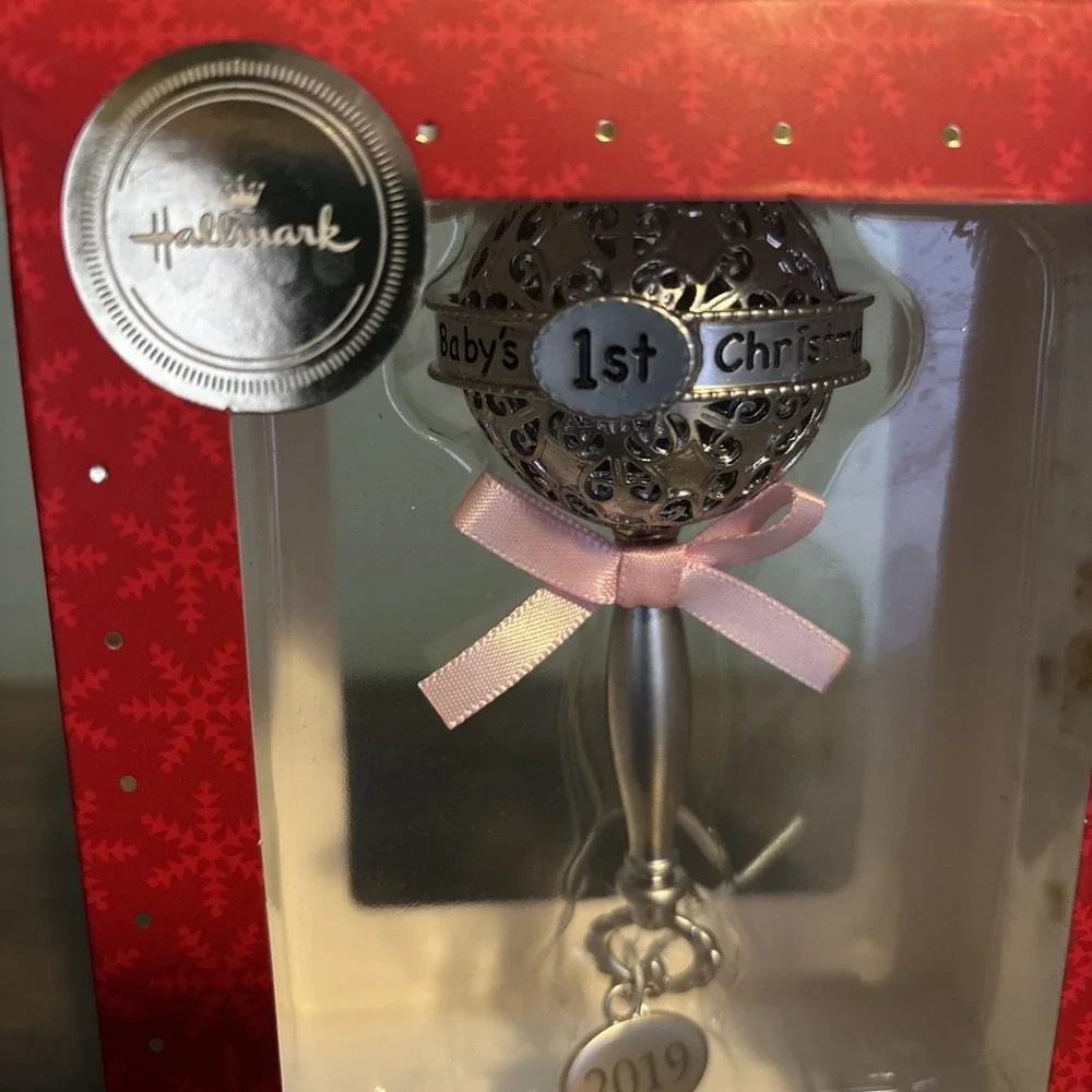 Hallmark Baby's First 1st Christmas 2019 Rattle Ornament Premium Metal Pink Girl